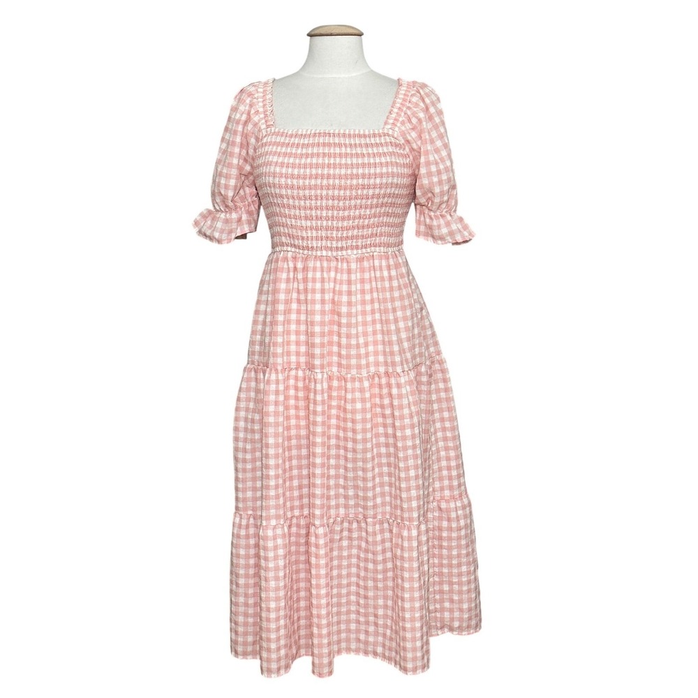Romantic Coquette Women Dress L Pastel Pink Gingham Smocked Tiered Midi Feminine